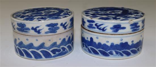 Two Chinese blue and white dragon seal paste boxes and covers, 19th century, diameter 6cm, some damage